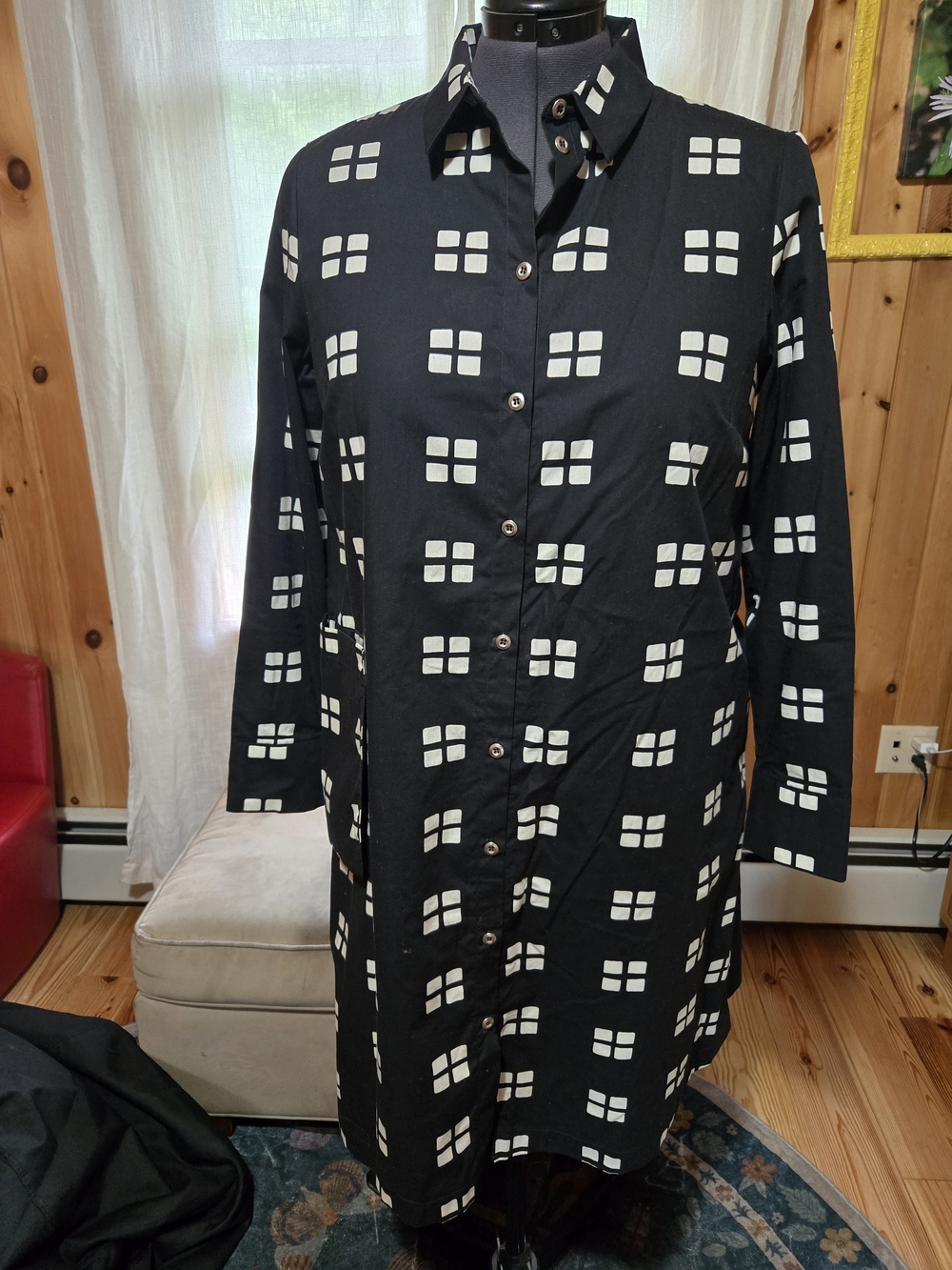 Marimekko Black and White Window-Print Long Sleeve Dress